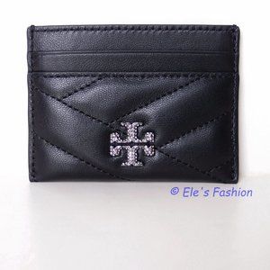 ❤️ NWT Tory Burch Kira Chevron Leather CARD CASE Pave Crystal Logo BLACK AUTHNTC